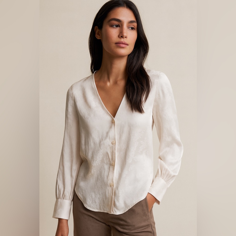 & Other Stories Blush Pink Long Sleeve V Neck Jacquard Floral Blouse